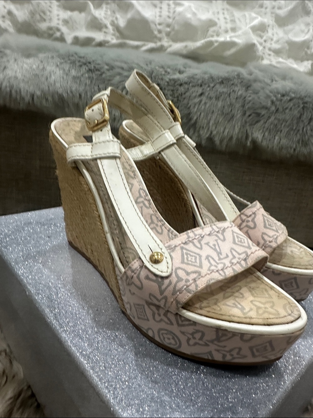 LOUIS VUITTON LIMITED EDITION Pink Monogram Wedge Sandals with White Trim